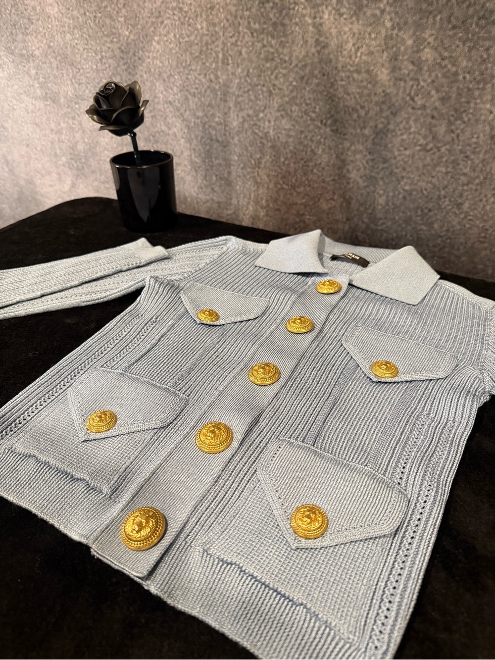 Balmain Rib Knit Cardigan Blue Gold Button Jacket - Picture 9 of 10